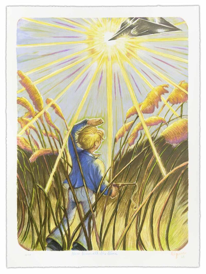 Litografi af Martin Bigum med titlen New times all the time