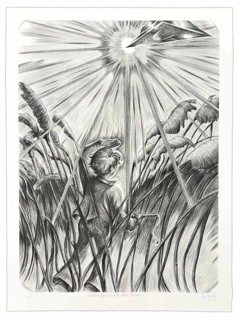 Litografi af Martin Bigum med titlen New times all the time